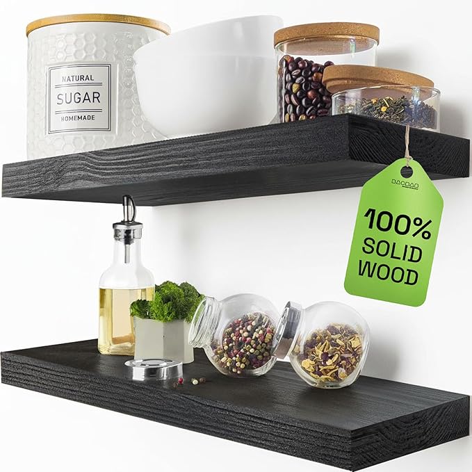 BAOBAB WORKSHOP Solid Wood Floating Shelves for Wall 20 Inch Wide, Wooden Bathroom Shelves for Room Wall, Heavy Duty Shelf Mounted Kitchen Bedroom Rustic Farmhouse, Black Shelf, 20W × 6.7D, Set of 2