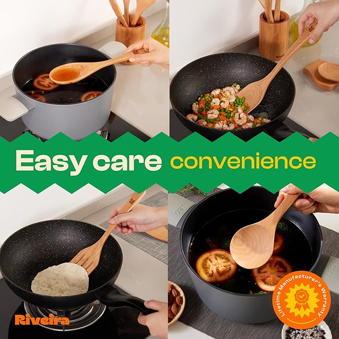 Riveira Cherry Wooden Cooking Utensils Set of 9 Premium Quality, Non-Toxic, Heat-Resistant Wooden Spoons and Spatulas for All Cookware