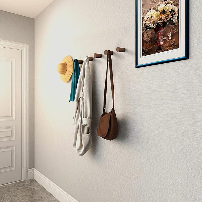 Wood Wall Hooks 6 Pack, Natural Wooden Coat Hooks Wall Mounted, Handmade Rustic Hat Hooks Heavy Duty Entryway Wall Hangers for Hanging Towels, Clothes, Bags (Black Walnut Wood)