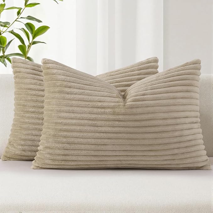 Simmore Decorative Fall Throw Pillow Covers 12x20 Set of 2, Soft Natural Plush Flannel Double-Sided Fluffy Lumbar Pillow Covers for Couch Sofa Living Room, Khaki