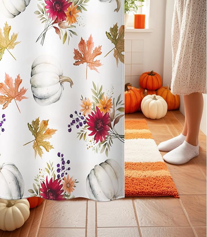 MAMUSE Fall Shower Curtain for Bathroom Stall Cute Decorative Waterproof Unique Design TeenWomen Cortinas de Baño Bathtub 72 x72 Inch, Pumpkins Flowers