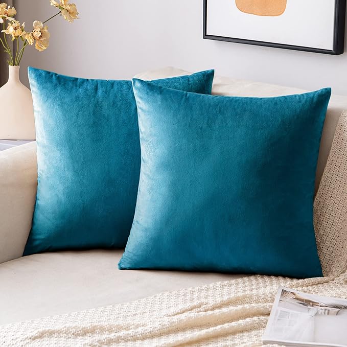 EMEMA Pack of 2 Velvet Throw Pillow Covers Decorative Square Pillowcase Soft Solid Cushion Case for Sofa Bedroom Chair Car 20x20 Inch Teal