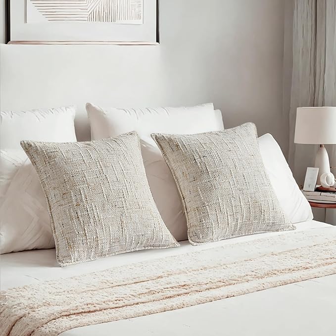 HAUSSY Cream White Throw Pillow Covers 16x16 Set of 2 Chenille Tweed Textured Decorative Couch Lumbar Pillow Covers Neutral Modern Pillow Cases for Sofa Bed Living Room Decor