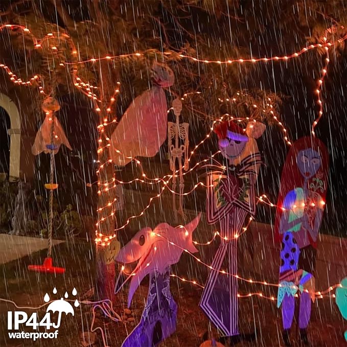 QITONG 4 Pack Orange Solar Fairy Lights, Each 33ft 100 LED Halloween Lights Outdoor Waterproof, 8 Modes Copper Wire Mini String Lights