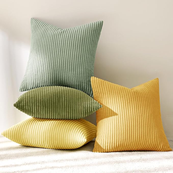 MIULEE Boho Farmhouse Yellow Green Throw Pillow Covers 18x18 Inch Set of 4 Mordern Nordic Cushion Covers Soft Corduroy Home Decor for Couch Bed Sofa Living Room