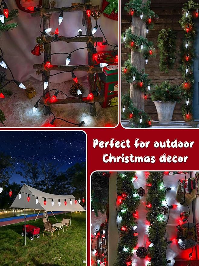 C6 Solar Christmas Lights Outdoor, 100 LED 33FT Christmas Decorations Outdoor Waterproof, Solar String Lights for Outside with 8 Modes, Fairy Twinkle Light for Tree Garden Yard Decor (Red and White)