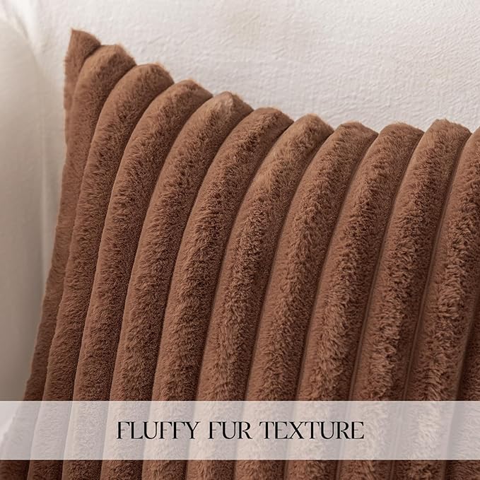 MOSAYT Fall Faux Fur Throw Pillow Covers 20x20, Set of 2, Plush Velvet Soft Pillow Case,Fluffy Striped Decorative Couch Pillow Covers for Sofa, Bedroom, Living Room(Brown)