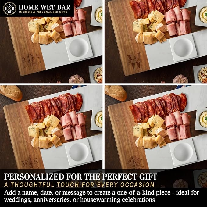 HomeWetBar Personalized Charcuterie Board Gift Set | Custom 15.75" x 11.75" White Marble & Acacia Wood Cheese Board with Serving Bowls | Perfect Housewarming + Wedding + Couples Gift Idea