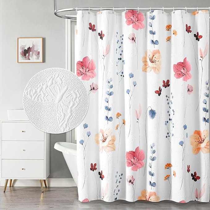 QiyI Extra Long Shower Curtain 72 x 84, Modern Watercolor Floral Bath Curtain, 3D Embossed Texture Peach Pink Flower Cloth Bathroom Curtains, Waterproof Fabric Farmhouse Shower Curtain Set with Hooks