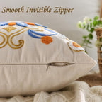 Embroidered Throw Pillow Cover 20x20 Classic Boho Floral Pattern Pillows Cover Outdoor Decorative Pillowcase,Durable Cozy Textured Cushion Case for Sofa Couch Bed Living Room,Orange Blue
