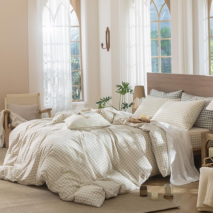 MooMee Gingham Duvet Cover Set 100% Washed Cotton Linen Like Textured Breathable Durable Soft Comfy Modern Checkered Design (Almond Milk Grey Gingham, Super King 108"x98")
