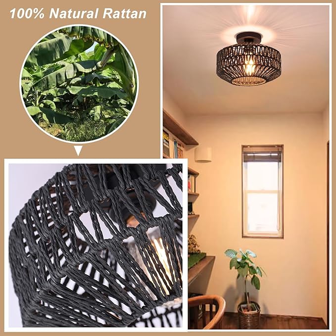 Boho Rattan Ceiling Light Fixture, Mini Rattan Chandelier Lighting Fixture, Hand Woven Ceiling Light Fixtures for Hallway Bedroom Kitchen Entryway Living Room (Black)