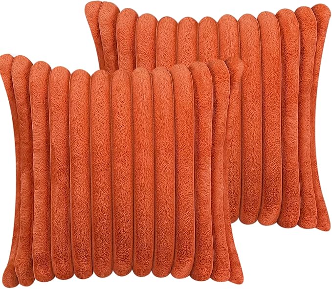 18x18 Throw Pillow Covers Set of 2, Decorative Faux Fur Covers for Bed, Couch Soft Fluffy Pillow Cover with Velvet Back for Living Room, Neutral Home Décor Accent for Sofa - Burnt Orange