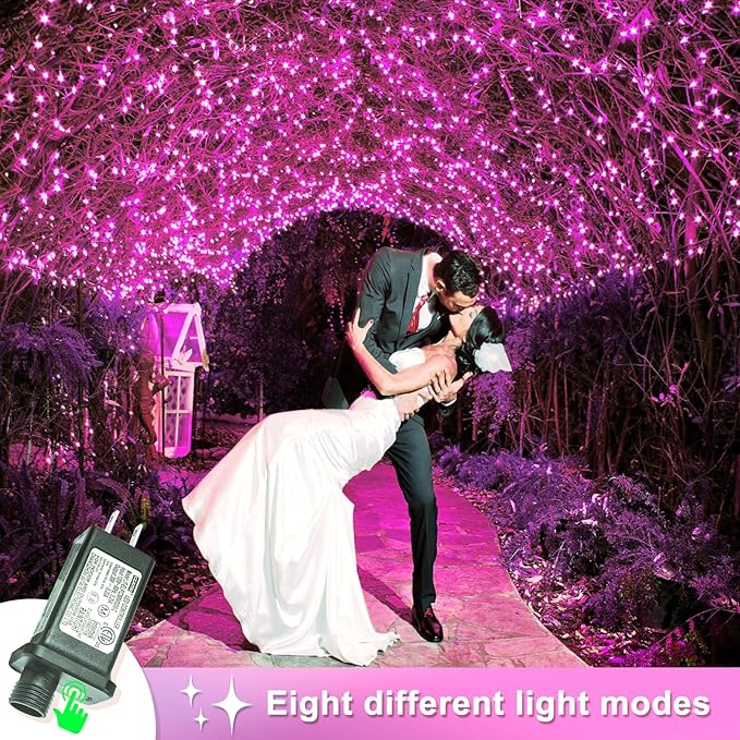 400 LED Pink String Lights Outdoor, 132ft Pink Christmas Lights 8 Modes Clear Wire, Plug in Waterproof Fairy String Lights for Bedroom Christmas Decorations