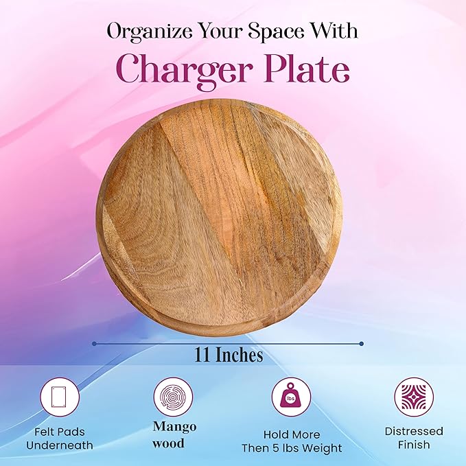 CLEENTABLE 11" Mango Wood Appetizer Plates Set of 4 - Handcrafted Round Plates for Salad, Dinner, Pasta, Dessert, Appetizer, Sushi, Fruit for Serving, Durable Dinnerware for Parties (Natural)
