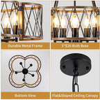 20.8'' Farmhouse Chandeliers for Dining Room, 5-Light Rustic Chandelier Wood Grain Metal Round Hanging Light Fixture, Vintage Drum Pendant Lights for Living Room, Bedroom, Kitchen, Entryway