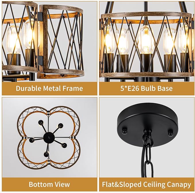 20.8'' Farmhouse Chandeliers for Dining Room, 5-Light Rustic Chandelier Wood Grain Metal Round Hanging Light Fixture, Vintage Drum Pendant Lights for Living Room, Bedroom, Kitchen, Entryway
