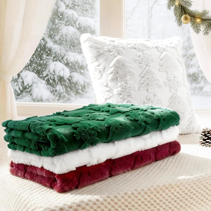 Touchat Christmas Pillow Covers 20x20, Soft Faux Rabbit Fur Throw Pillow Covers with 3D Embroidery Christmas Tree and Snowflake Design for Winter Holiday Home Decor, Couch Sofa Bedroom, White