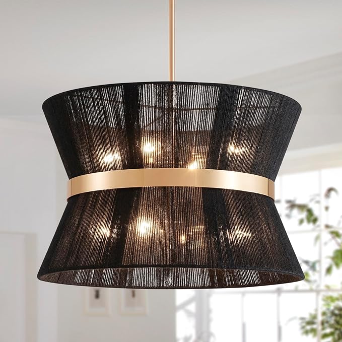 Shrine Lighting Black Boho Chandelier, Modern Design, Boho Drum Pendnat Light for Dining Room, D18'' x H12'', Adjustable 47'', E12*8 Sockets, Black Rope Lampshade&French Gold Finish Frame