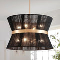 Shrine Lighting Black Boho Chandelier, Modern Design, Boho Drum Pendnat Light for Dining Room, D18'' x H12'', Adjustable 47'', E12*8 Sockets, Black Rope Lampshade&French Gold Finish Frame