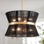 Shrine Lighting Black Boho Chandelier, Modern Design, Boho Drum Pendnat Light for Dining Room, D18'' x H12'', Adjustable 47'', E12*8 Sockets, Black Rope Lampshade&French Gold Finish Frame