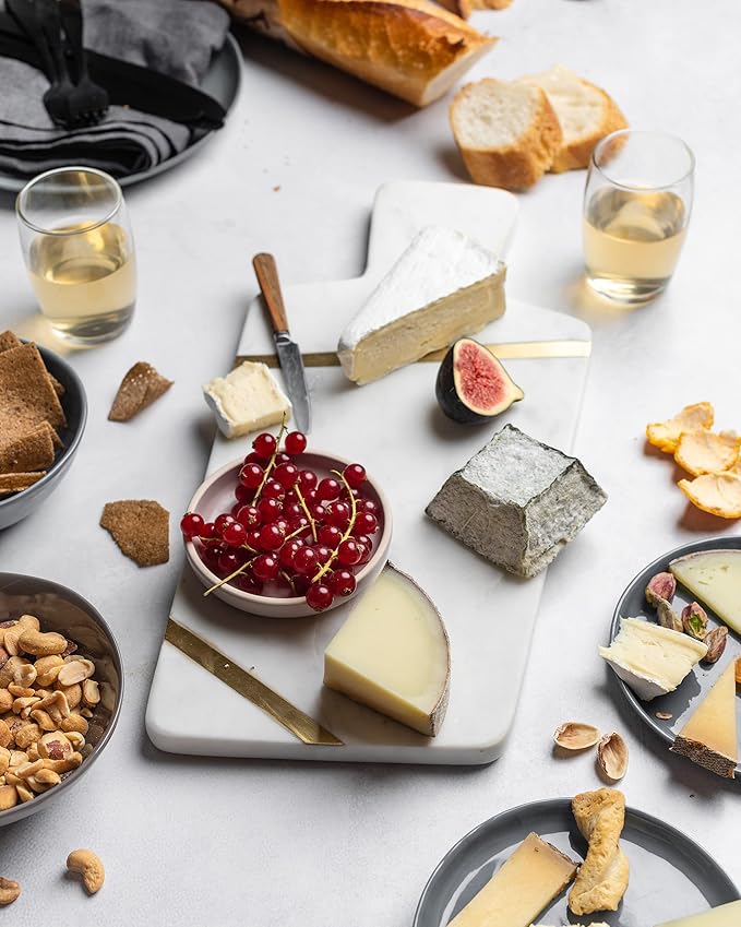 Cork & Mill Marble Cheese Board for Charcuterie, Large Decorative Stone Cutting Board, 15" Long Charcuterie Tray, Unique Gold and White Decorative Meat and Cheese Serving Tray with Handle