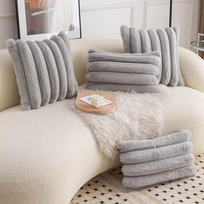 Neelvin Grey Faux Fur Cozy Soft Striped Decorative Throw Pillow Covers 18x18 inch Set of 2,Velvet Pillowcase Cushion Case for Sofa Couch