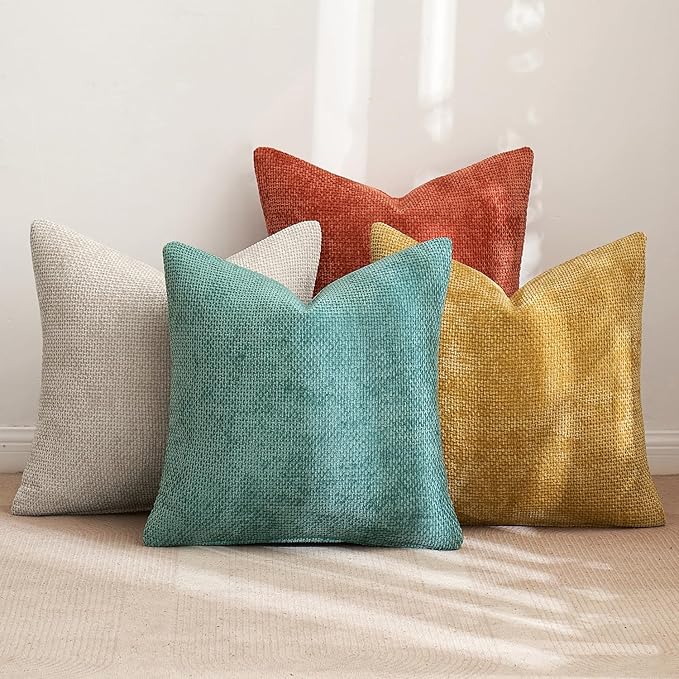 MIULEE Pack of 4 Couch Throw Pillow Covers 16x16 Inch Neutral Orange/Teal Soft Decorative Chenille Pillow Covers Farmhouse Accent Cushion Covers for Boho Home Decor Spring Sofa Bedroom Living Room