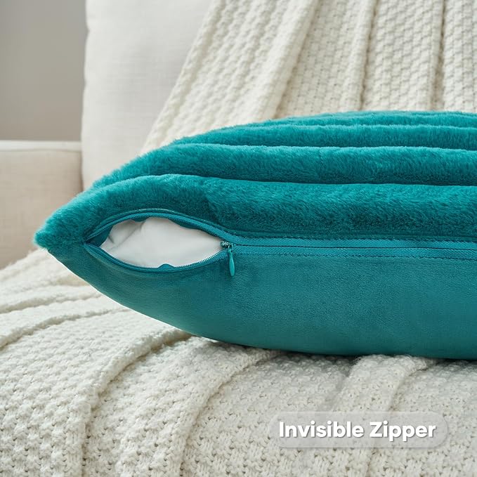FUTEI Teal Green Striped Decorative Throw Pillow Covers 22x22 Inch Set of 2,Square Winter Decorations Couch Pillow Case,Soft Cozy Faux Rabbit Fur & Velvet Back,Modern Home Decor for Bed