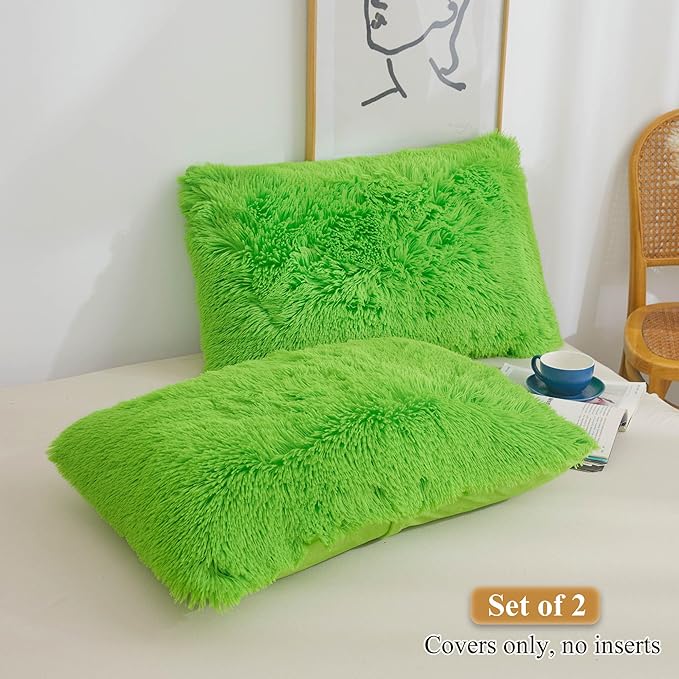 XeGe Faux Fur Fluffy Pillow Cases, Soft Plush Shaggy Furry Lime Green Pillowcases, Velvet Fuzzy Decorative Throw Pillow Covers for Bed Couch, Zipper Closure, Set of 2(King Size, Lime Green)