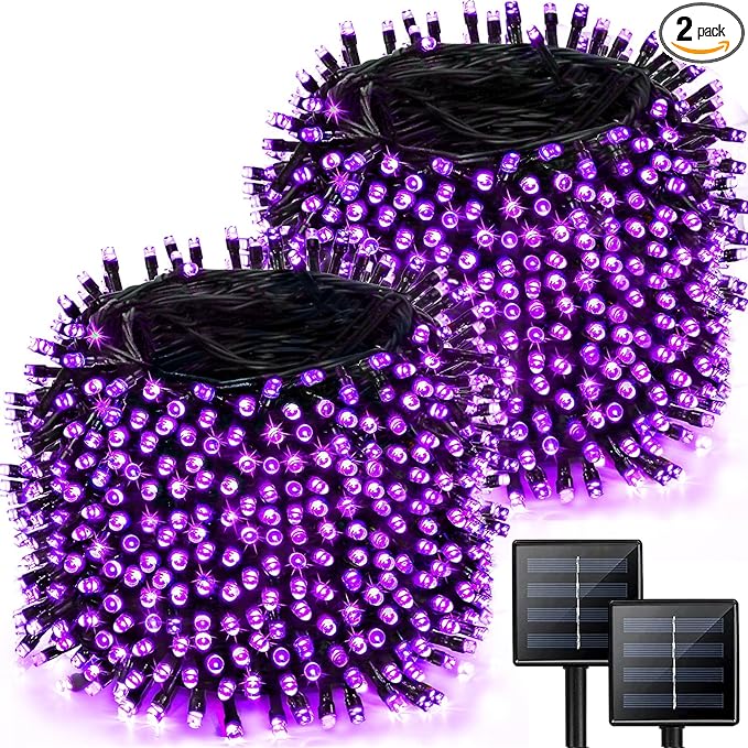 Super-Long 2-Pack Each 85FT Solar Halloween Lights Outdoor Waterproof, Upgraded Super Bright 8 Lighting Modes 480 LED Solar Outdoor String Lights for Halloween Decorations Party Garden Yard (Purple)