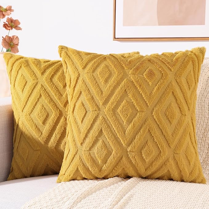 decorUhome Couch Throw Pillow Covers 16x16 Set of 2, Decorative Soft Plush Faux Wool Neutral Accent Pillow Covers for Bed Sofa Living Room, Mustard Yellow