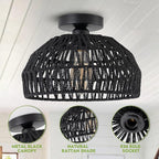 Black Rattan Ceiling Light Fixtures Boho Chandelier Small Woven Flush Ceiling Mount Lighting Fixture Close to Ceiling Light for Bedroom Kitchen Entryway Nursery Lights Hallway
