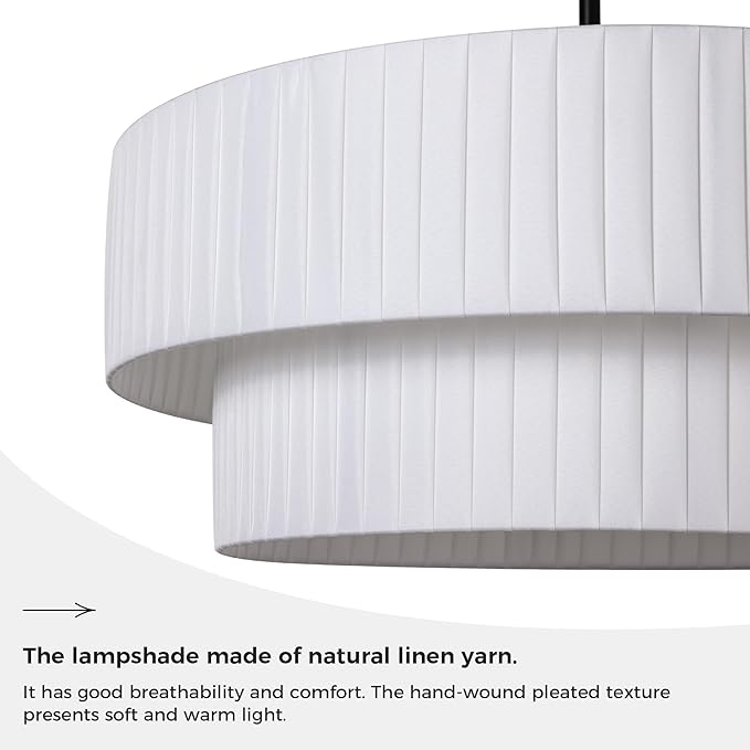 LamQee 20” Modern Drum Chandelier, 2-Tier Semi-Flush Mount Pendant Light Fixtures 3-Light with White Fabric Lampshades, Matte Black Fixtuer Hang Ceiling Lamp
