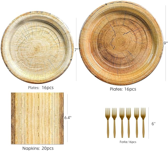 Rustic Wood Grain Party Supplies for 16 – Disposable Plates, Napkins, Tablecloth & Cutlery – Ideal for Camping, Hunting, Outdoor or Forest-Themed Events