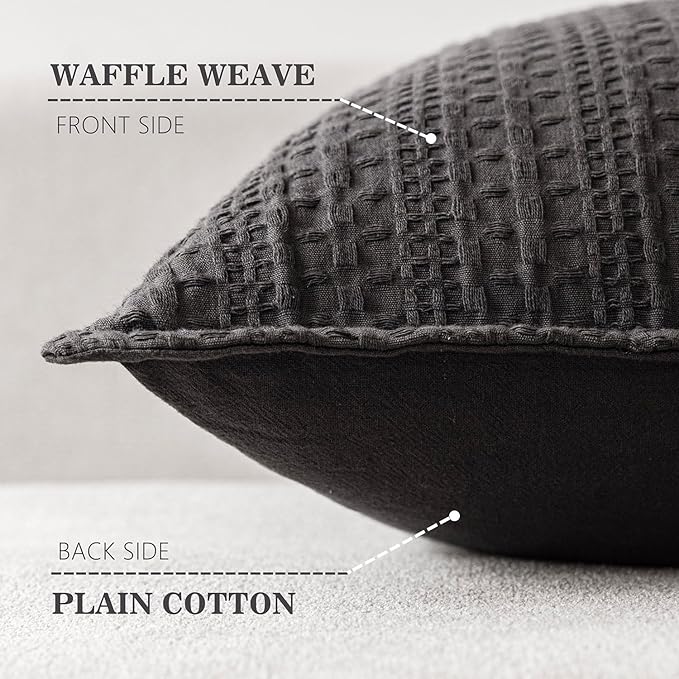 Foindtower Set of 2 Decorative Cotton Waffle Weave Throw Pillow Covers Euro Shams Cushion Covers Accent European Pillowcase for Bed Couch Sofa Bedroom Living Room Home Decor 22×22 Inch Dark Grey