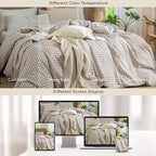 MooMee Gingham Duvet Cover Set 100% Washed Cotton Linen Like Textured Breathable Durable Soft Comfy Modern Checkered Design (Tannish Linen Grey Gingham, Oversized Queen 98"x98")