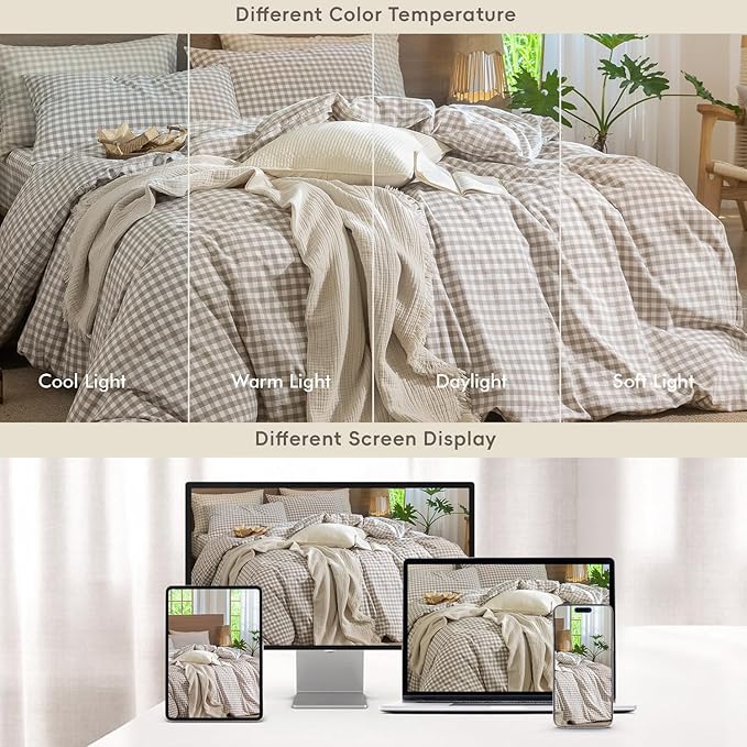 MooMee Gingham Duvet Cover Set 100% Washed Cotton Linen Like Textured Breathable Durable Soft Comfy Modern Checkered Design (Tannish Linen Grey Gingham, Twin 68"x90")