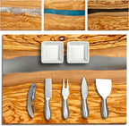 Handcrafted Italian Olive Wood Cheese & Charcuterie Board Set with Unique Gray Resin Artwork - Cutting Board Comes with 4 Cheese Knives, 2 Dipping Bowls & Corkscrew Wine Opener (Gray)