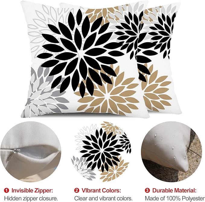 DFXSZ Black Brown Outdoor Pillow Covers 16x16 Inch Set of 2 White Gray Flower Throw Pillows Farmhouse Outdoor Modern Floral Polyester Square Cushion Case Decor for Patio Funiture Garden 002B16