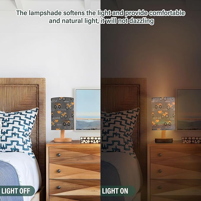 Table Lamp Construction Car Truck Excavator Nightstand Lamp with Wood Base Fabric Lamp Shade Bedside Desk Lamp for Living Room Bedroom Kids Room Office