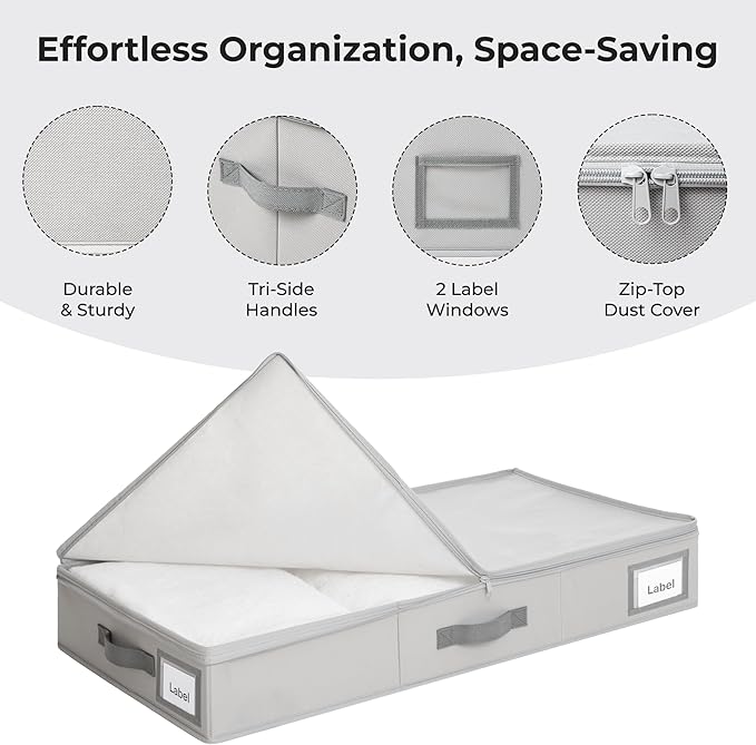 Cupic Cupid Under Bed Storage Containers, 2 Pack Foldable Organizer with Lid for Bedroom, Underbed Storage Box for Blankets, Clothes, Shoes, Grey