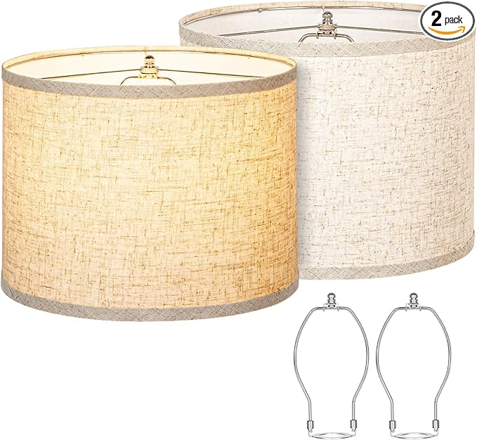 Lamp Shades Set of 2, Drum Lampshades 13" Top x 13" Bottom x 10" High with Spider Fitter, Large Replacement Lamp Shades for Table Lamps, Floor Lamps, Easy Assembly Required (2, Beige)