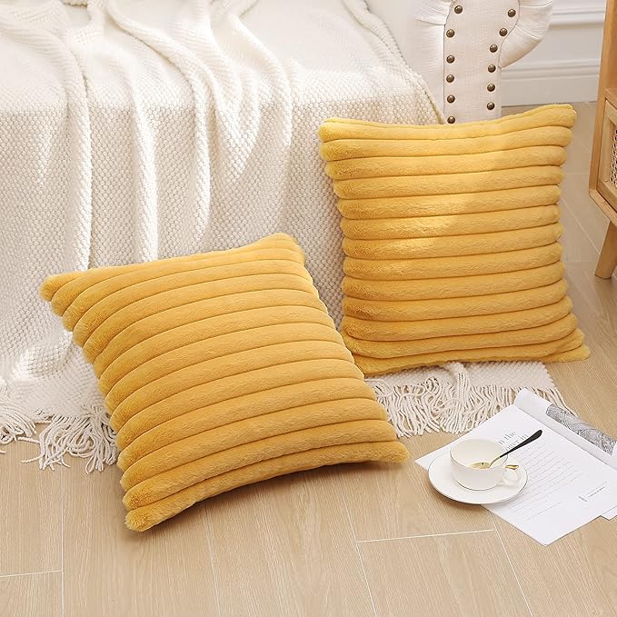 Pallene Faux Fur Plush Throw Pillow Covers 16x16 Set of 2, Luxury Soft Fluffy Striped Decorative Pillow Covers for Sofa, Couch, Living Room, Mustard Yellow