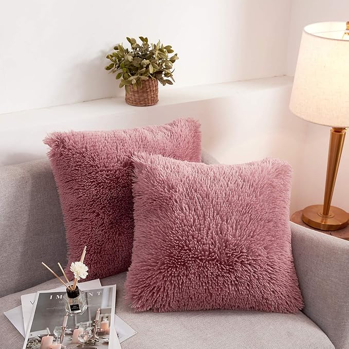 XeGe Cozy Faux Fur Dusty Pink Throw Pillow Covers, Zippered Fluffy Cushion Covers, Shaggy Fuzzy Decorative Plush Furry Pillowcases Pack of 2 for Sofa Couch Home Decor (18''x18'', Dusty Pink)