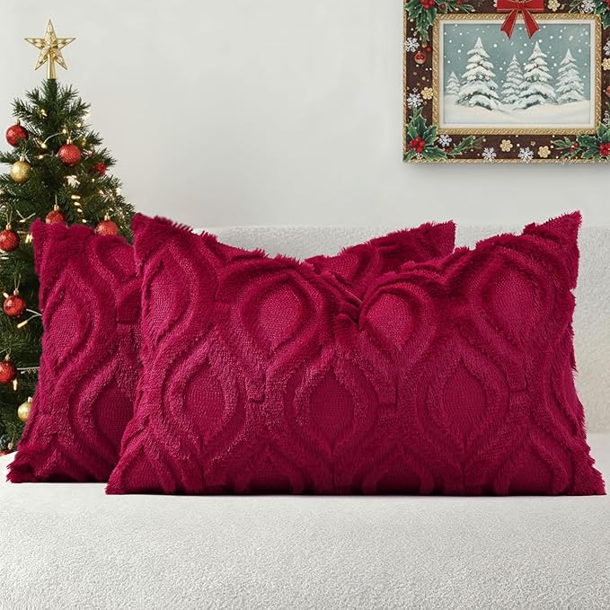 decorUhome Christmas Throw Pillow Covers 12x20 Inch Set of 2, Soft Plush Decorative Faux Fur Burgundy Solid Couch Pillow Covers, Accent Farmhouse Neutral Lumbar Euro Pillow Cases for Sofa Living Room