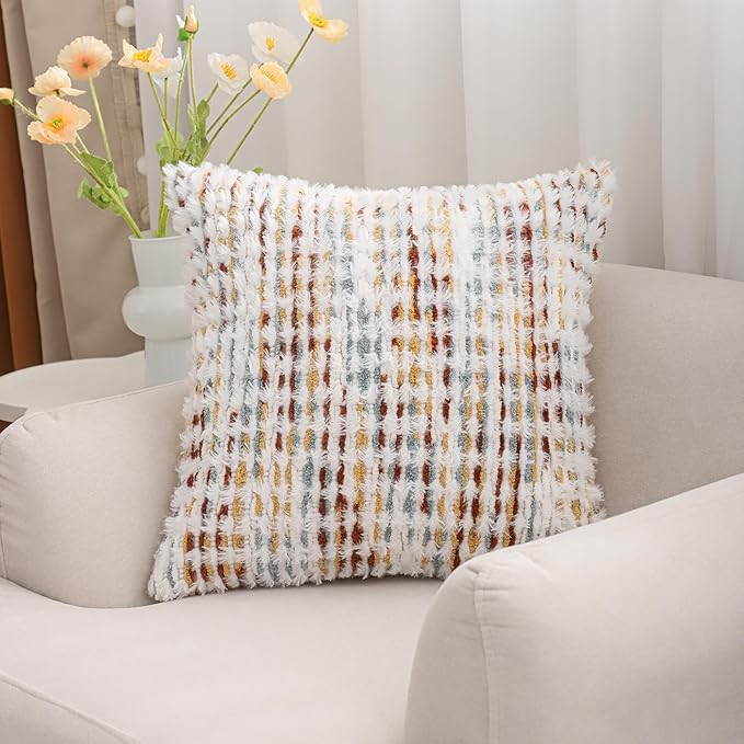 LUOYEHK Boho Throw Pillow Covers 20x20 Inch Set of 2 Chenille Tufted Pillowcase Farmhouse Neutral Cushion Covers for Couch Sofa Bed Living Room, Orange White