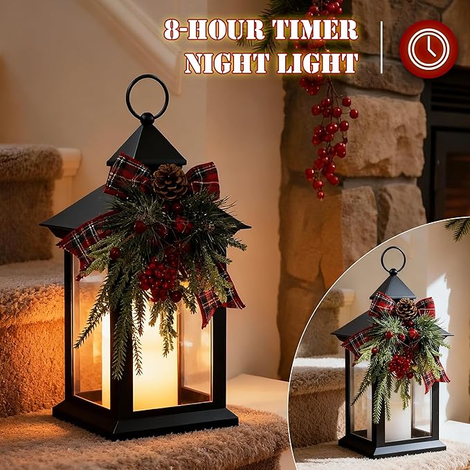 Christmas Lanterns Decorative Indoor, 14" Battery-Powered Waterproof Black LED Candle Lanterns with Timer for Patio & Outdoor, Vintage Hanging Lantern for Xmas Home Decorations, Transparent