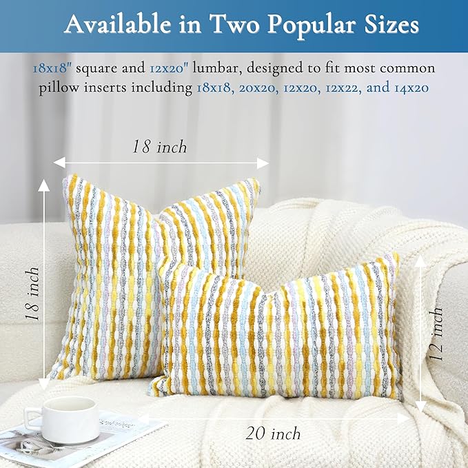 Boho Decorative Throw Pillow Covers 12x20 Inch, Chenille Tufted Pillow Cover Striped Textured Lumbar Farmhouse Accent Pillowcase for Couch Sofa Bedroom Living Room, Yellow White Stripe 1 Pack