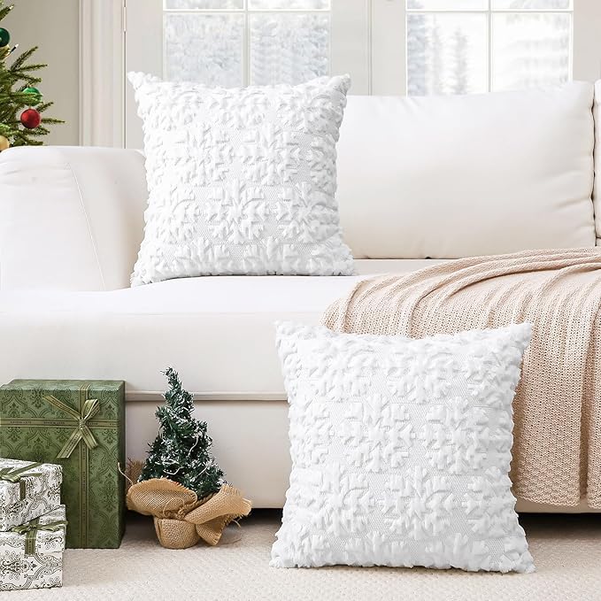 OTOSTAR Set of 2 Xmas Soft Plush Short Wool Velvet Decorative Throw Pillow Covers Square Luxury Style Cushion Case Pillow Shell for Sofa Bedroom Snowflake White, 24x24 Inch